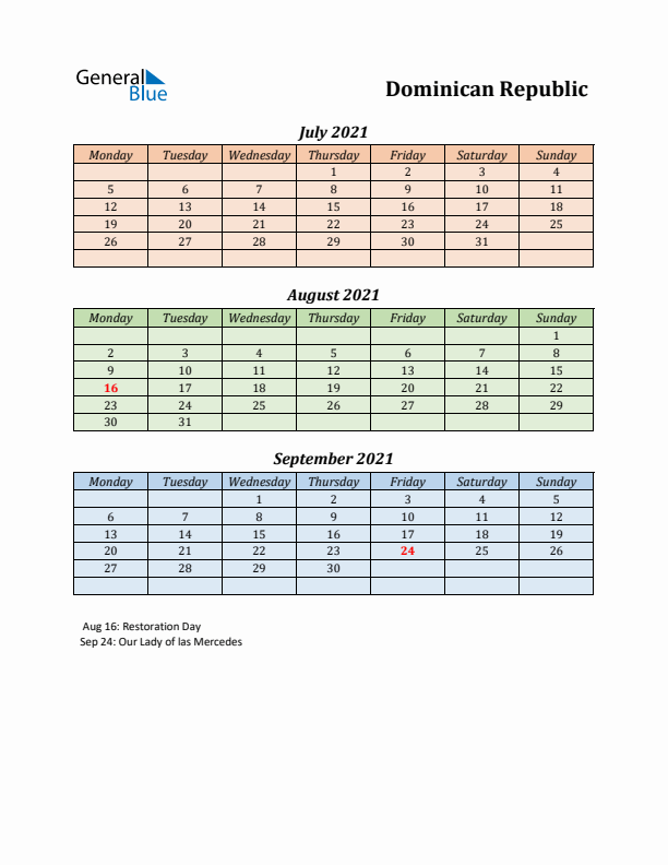 Q3 2021 Holiday Calendar - Dominican Republic