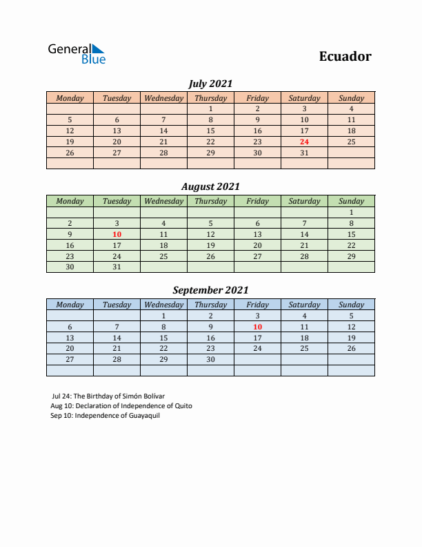 Q3 2021 Holiday Calendar - Ecuador