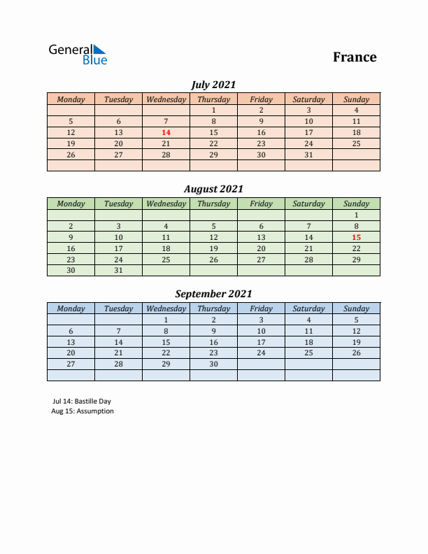 Q3 2021 Holiday Calendar - France