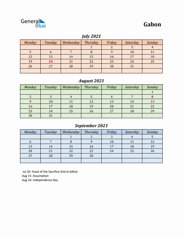 Q3 2021 Holiday Calendar - Gabon