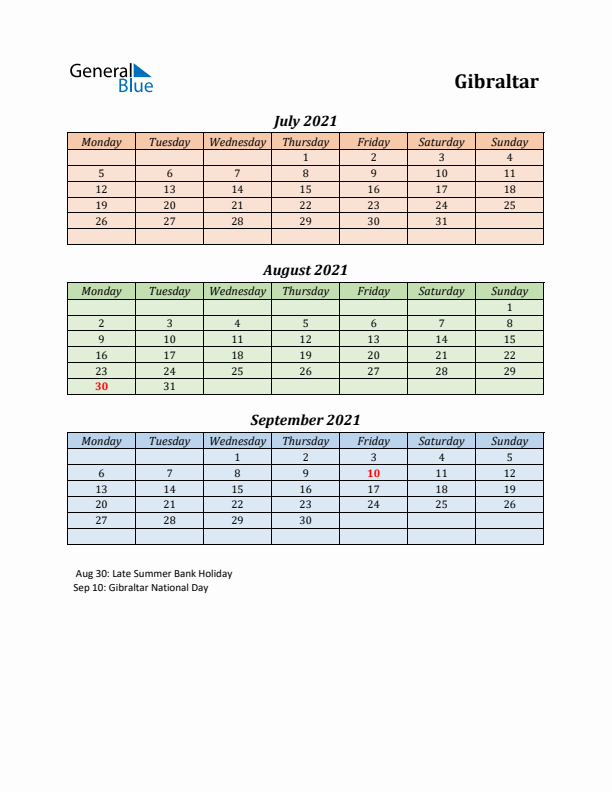 Q3 2021 Holiday Calendar - Gibraltar