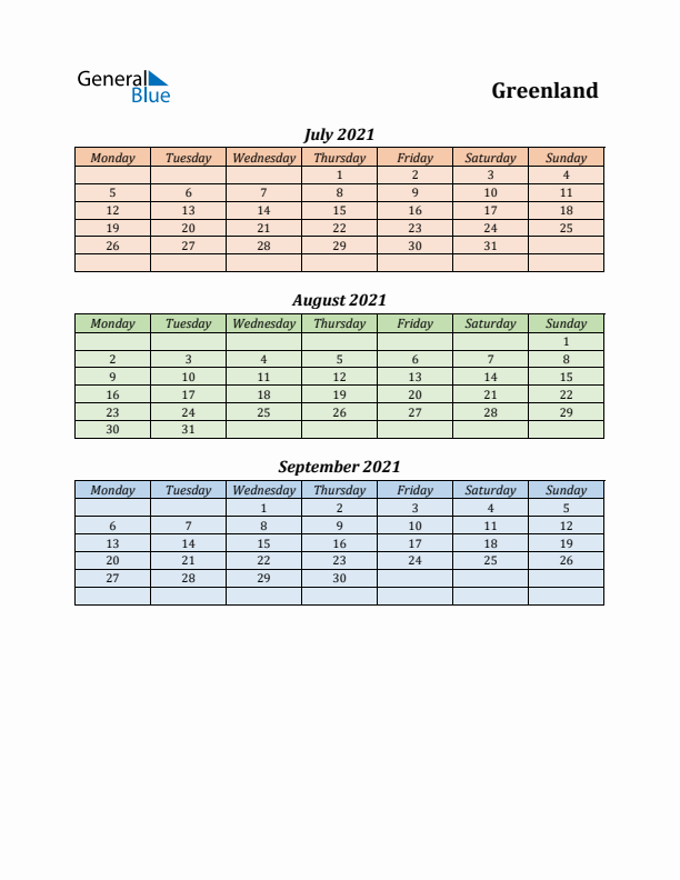 Q3 2021 Holiday Calendar - Greenland