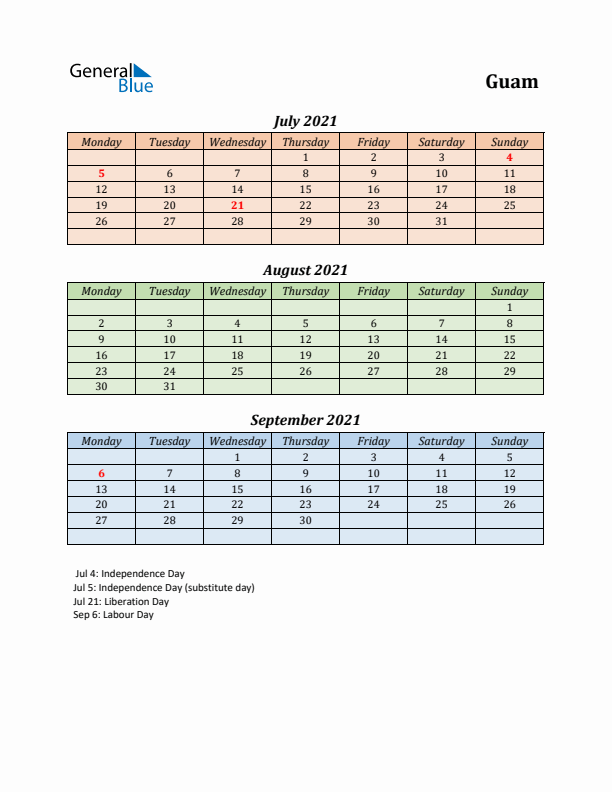 Q3 2021 Holiday Calendar - Guam