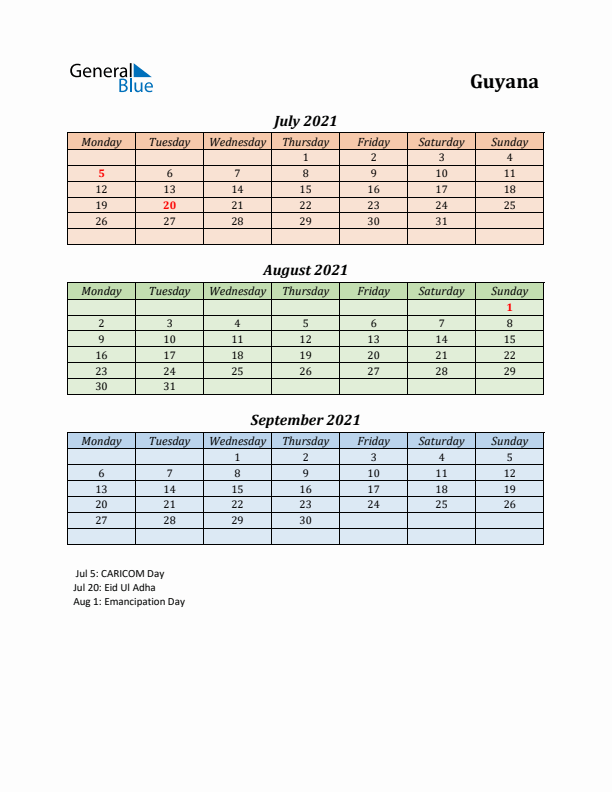 Q3 2021 Holiday Calendar - Guyana