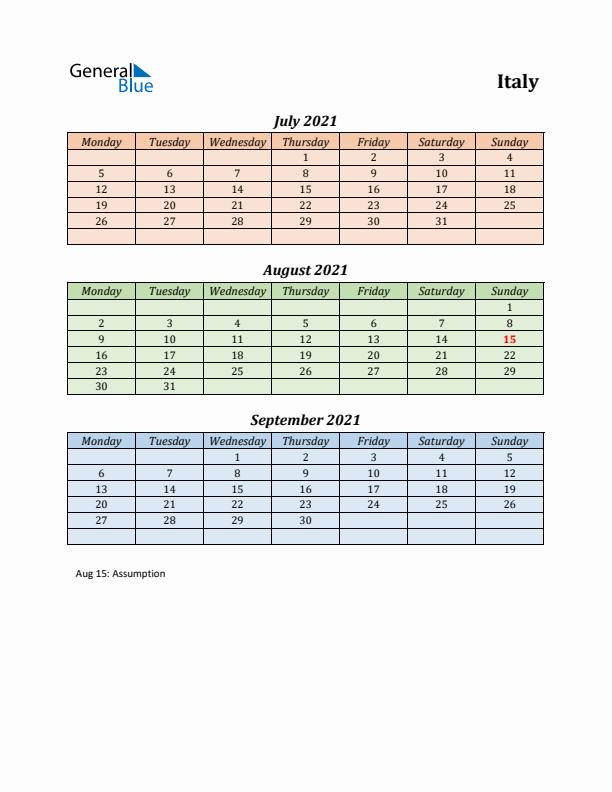 Q3 2021 Holiday Calendar - Italy