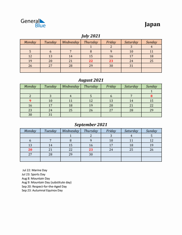 Q3 2021 Holiday Calendar - Japan