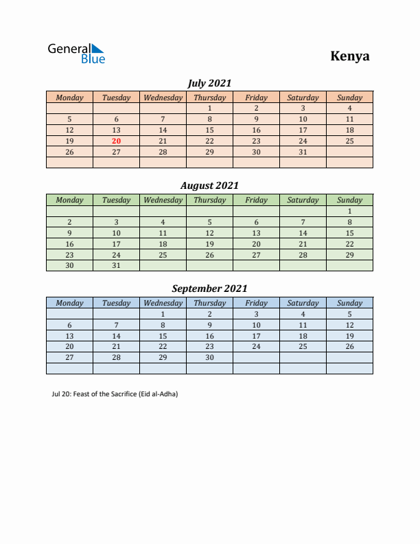 Q3 2021 Holiday Calendar - Kenya