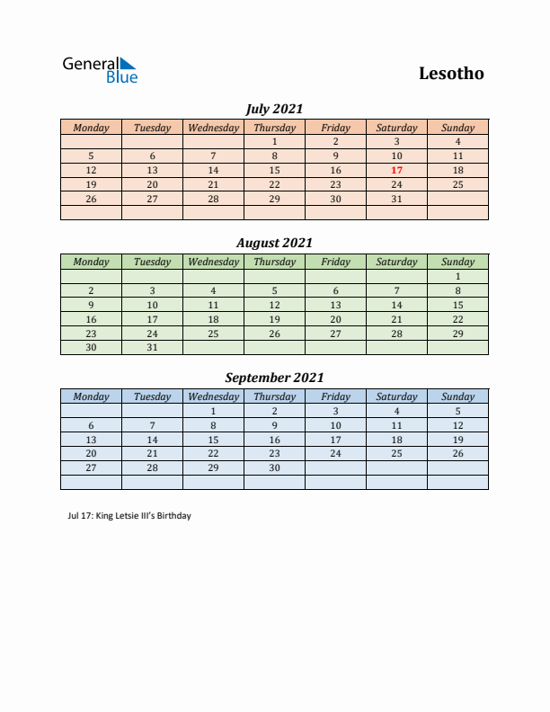 Q3 2021 Holiday Calendar - Lesotho