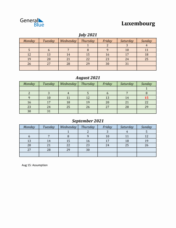 Q3 2021 Holiday Calendar - Luxembourg