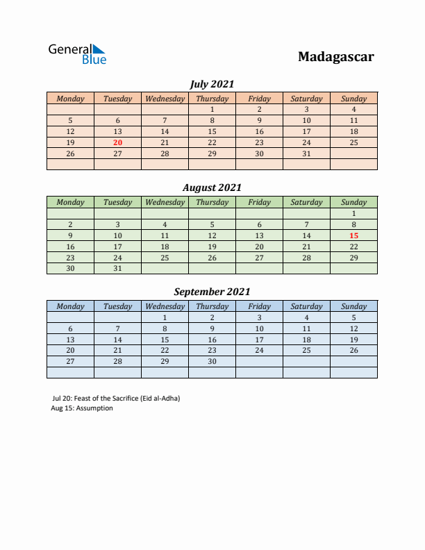 Q3 2021 Holiday Calendar - Madagascar