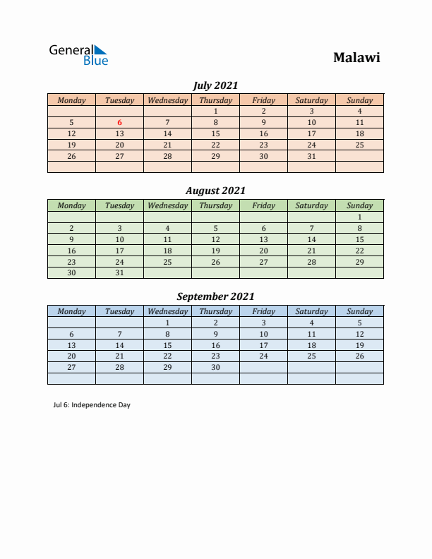 Q3 2021 Holiday Calendar - Malawi