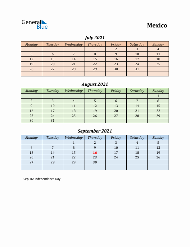 Q3 2021 Holiday Calendar - Mexico