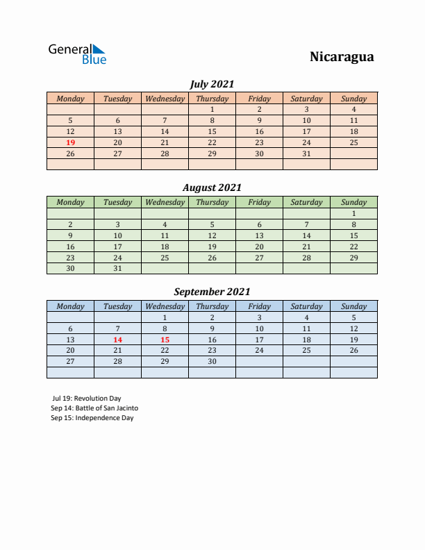 Q3 2021 Holiday Calendar - Nicaragua