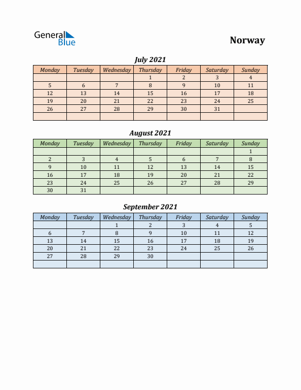 Q3 2021 Holiday Calendar - Norway