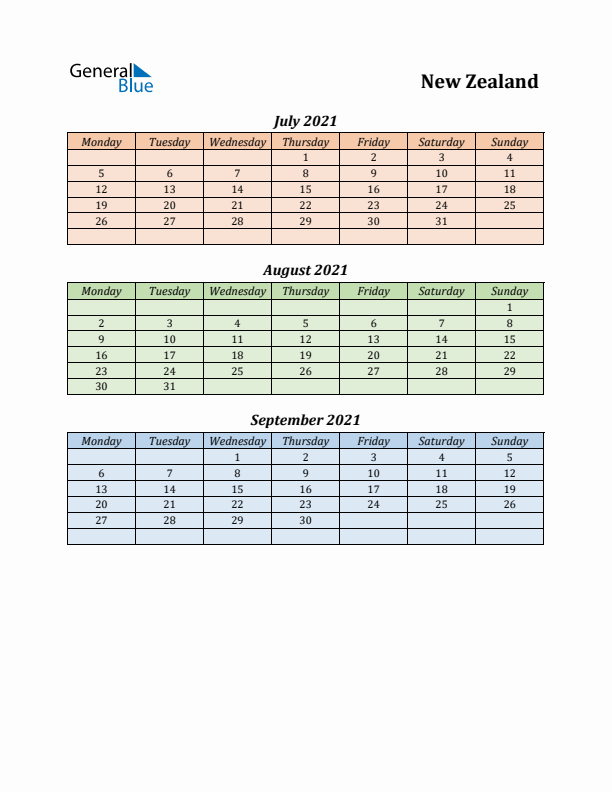 Q3 2021 Holiday Calendar - New Zealand