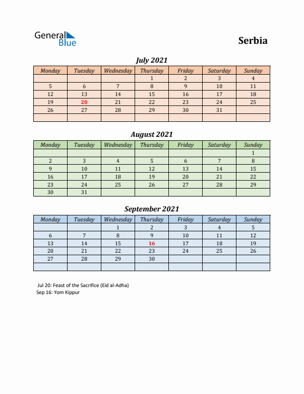 Q3 2021 Holiday Calendar - Serbia