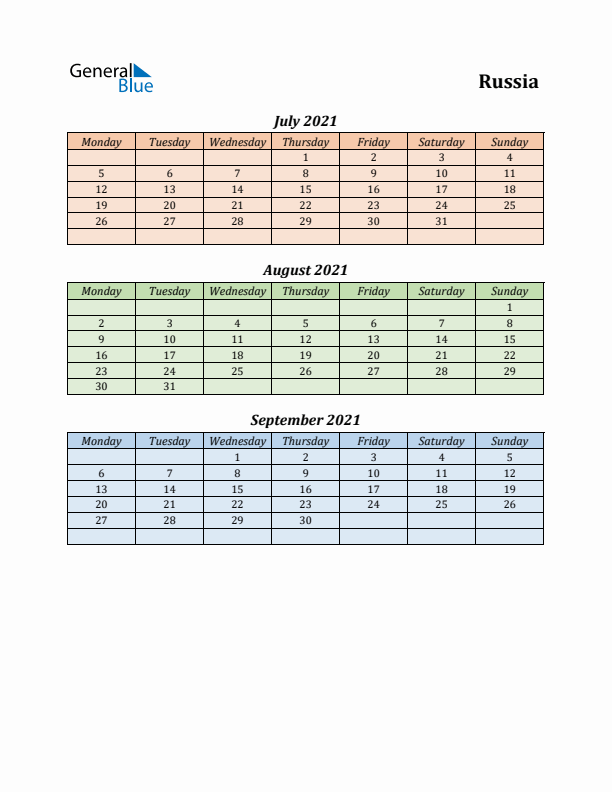 Q3 2021 Holiday Calendar - Russia