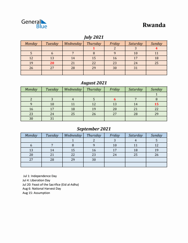 Q3 2021 Holiday Calendar - Rwanda