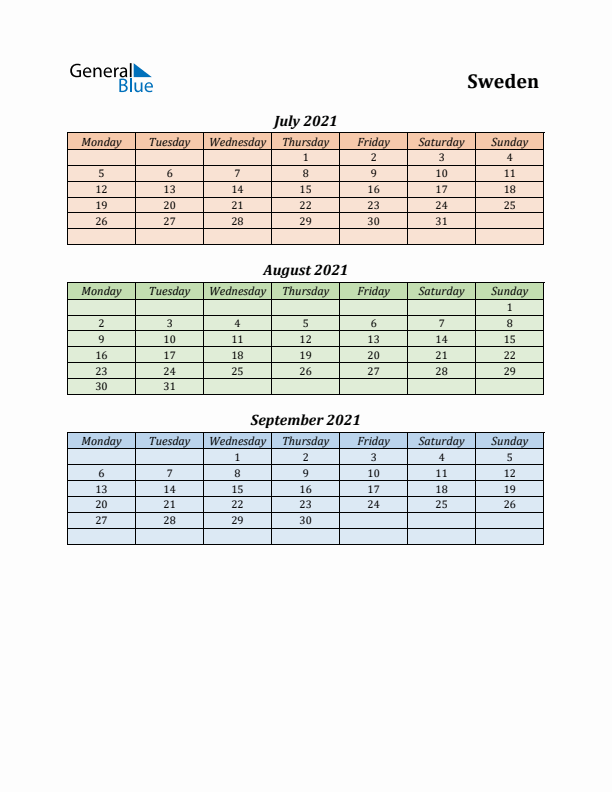 Q3 2021 Holiday Calendar - Sweden