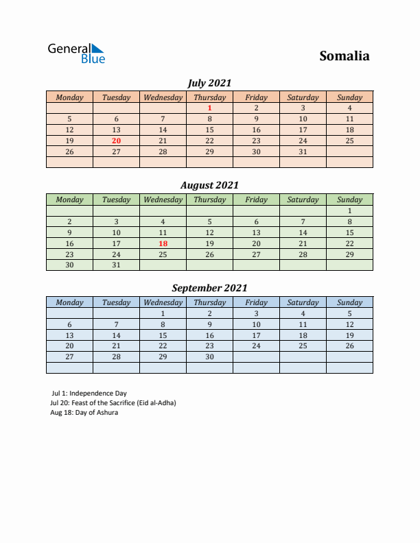 Q3 2021 Holiday Calendar - Somalia