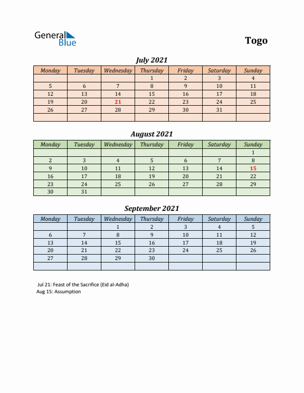 Q3 2021 Holiday Calendar - Togo