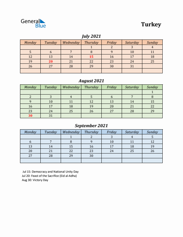 Q3 2021 Holiday Calendar - Turkey