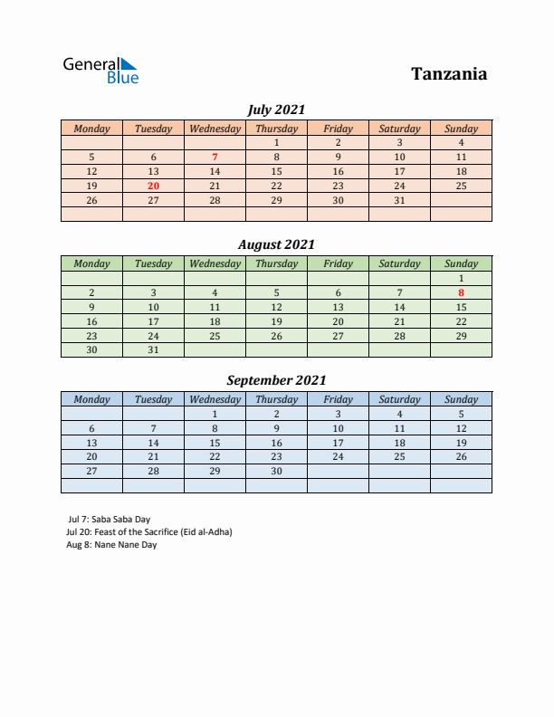 Q3 2021 Holiday Calendar - Tanzania