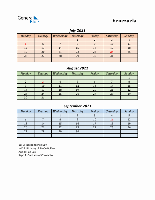 Q3 2021 Holiday Calendar - Venezuela