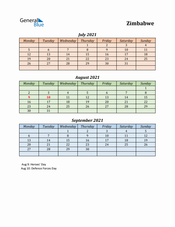 Q3 2021 Holiday Calendar - Zimbabwe