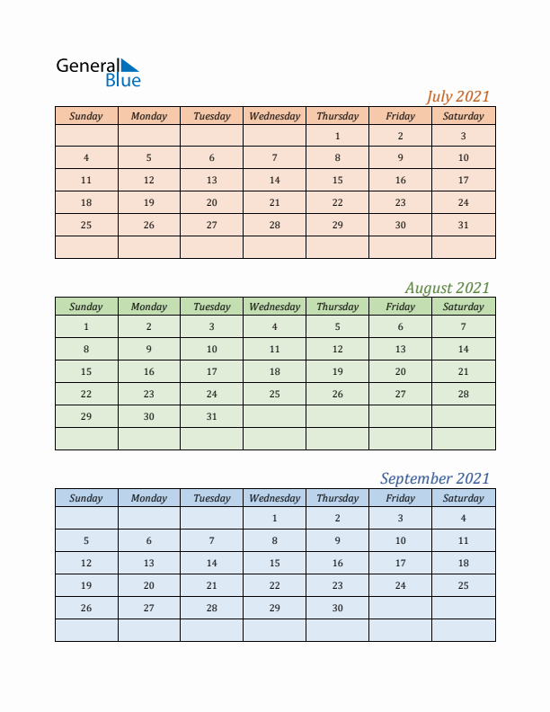 Three-Month Calendar for Year 2021 (July, August, and September)