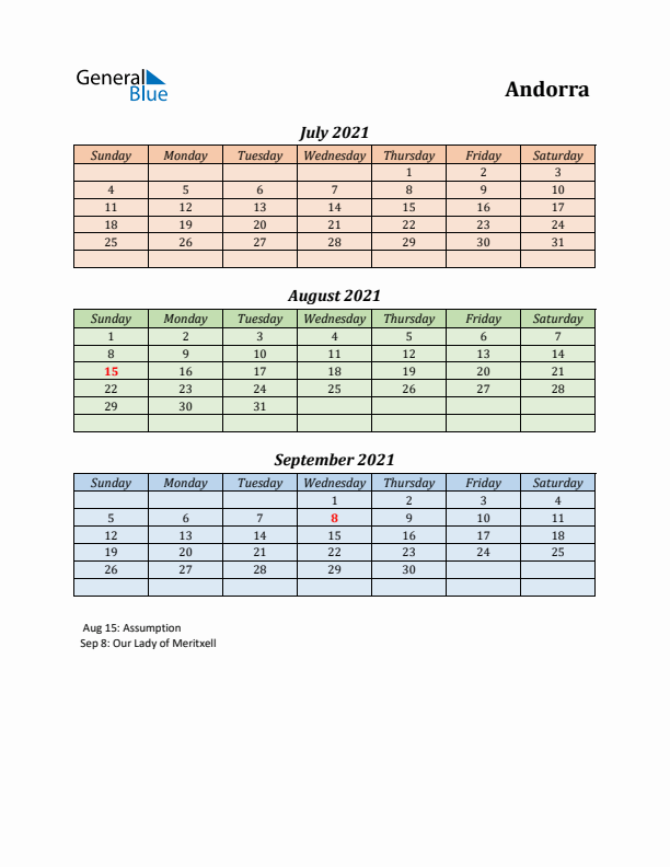 Q3 2021 Holiday Calendar - Andorra