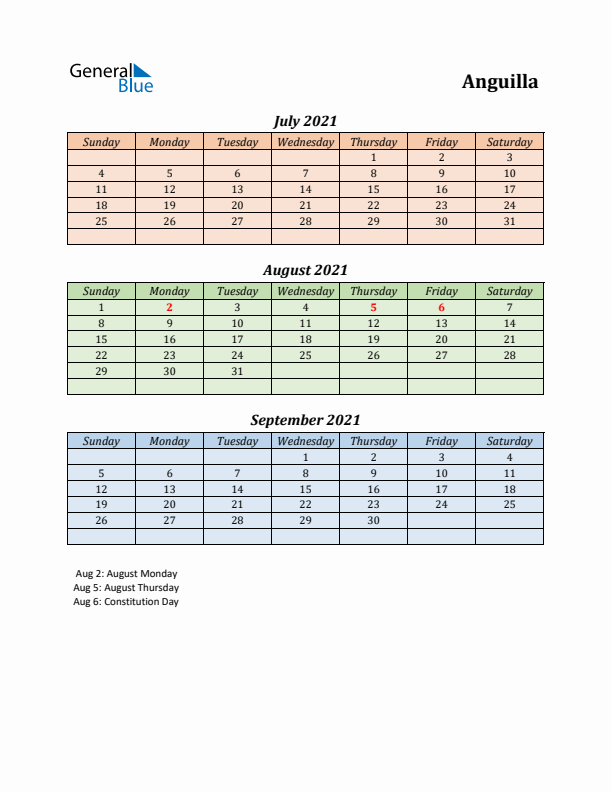 Q3 2021 Holiday Calendar - Anguilla