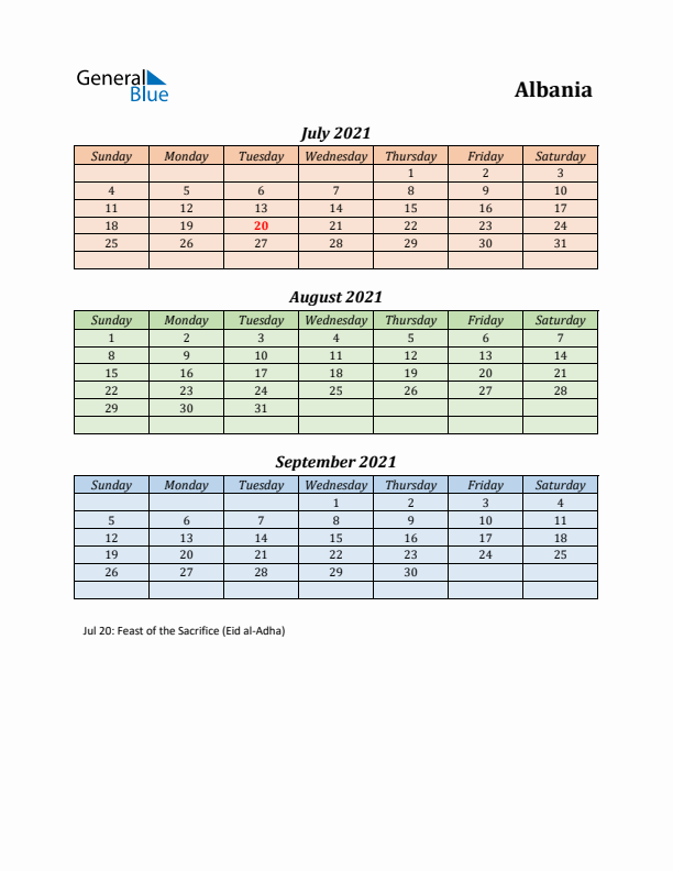 Q3 2021 Holiday Calendar - Albania