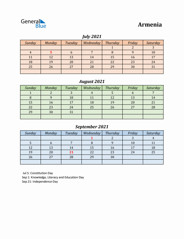 Q3 2021 Holiday Calendar - Armenia