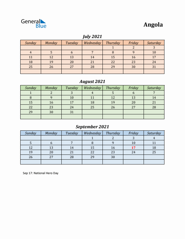 Q3 2021 Holiday Calendar - Angola