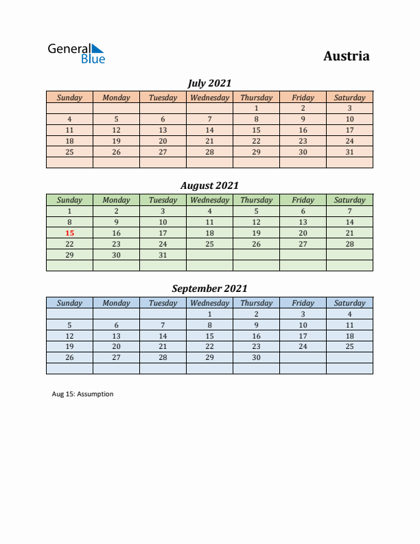 Q3 2021 Holiday Calendar - Austria