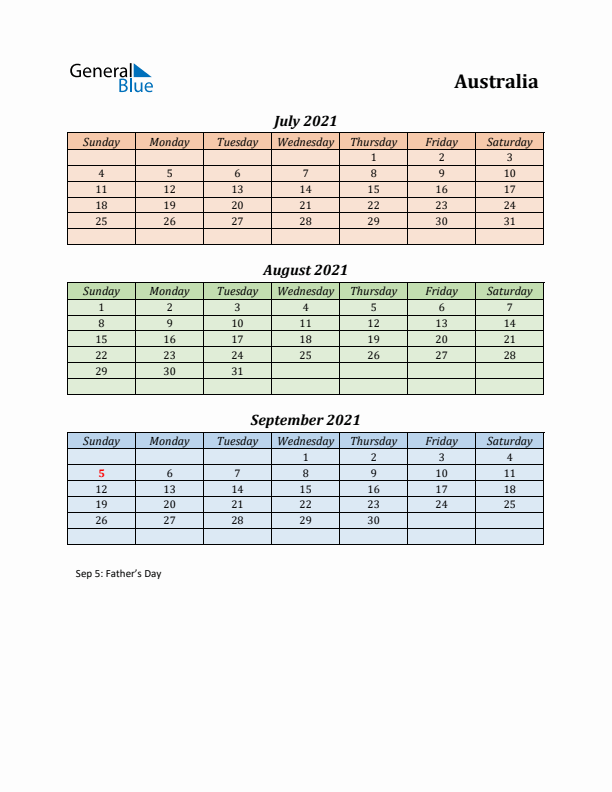 Q3 2021 Holiday Calendar - Australia