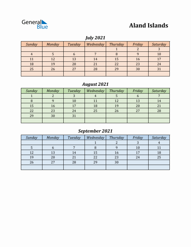 Q3 2021 Holiday Calendar - Aland Islands