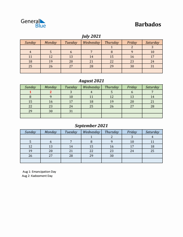 Q3 2021 Holiday Calendar - Barbados