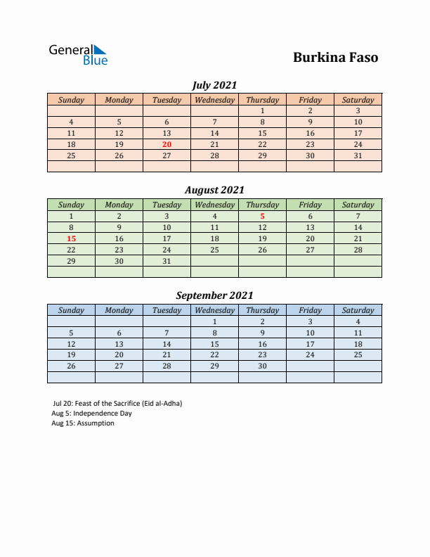 Q3 2021 Holiday Calendar - Burkina Faso