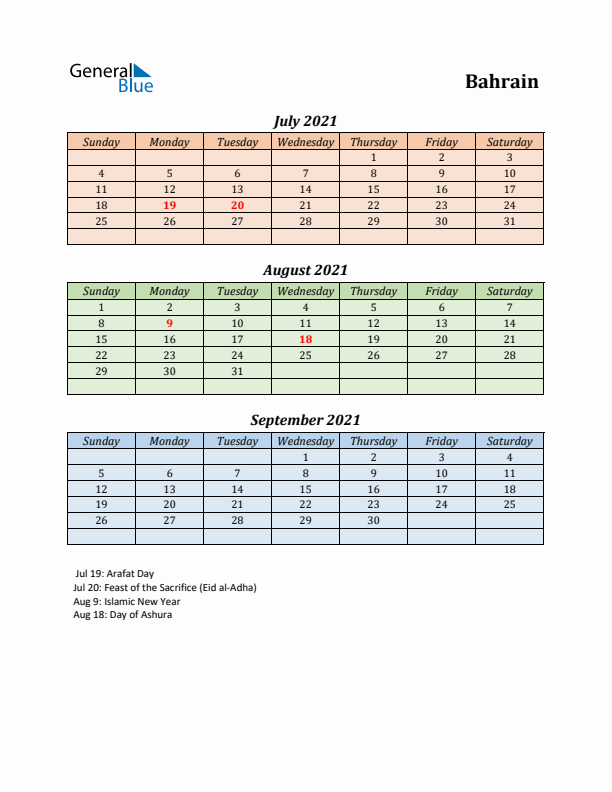 Q3 2021 Holiday Calendar - Bahrain