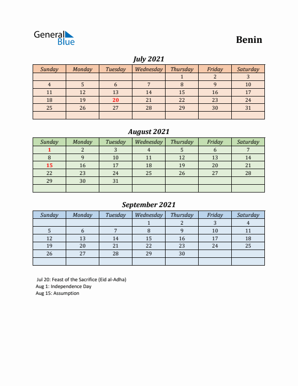 Q3 2021 Holiday Calendar - Benin