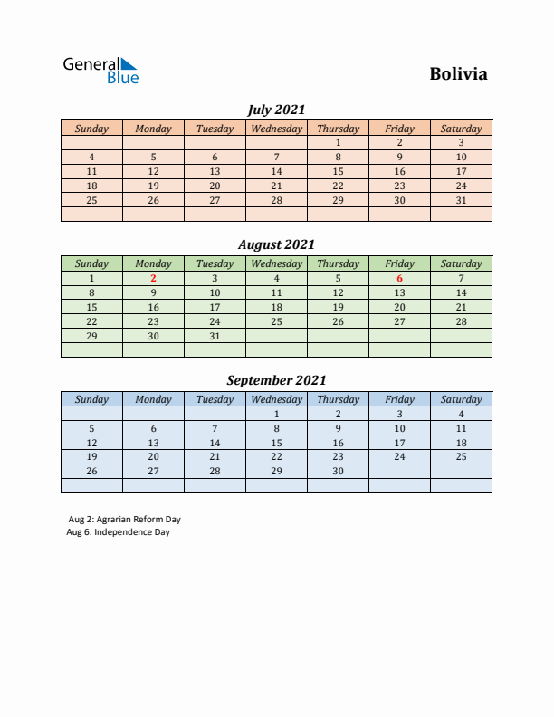 Q3 2021 Holiday Calendar - Bolivia