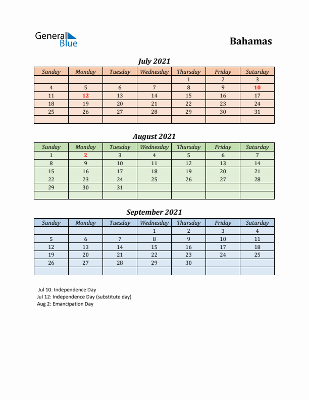 Q3 2021 Holiday Calendar - Bahamas