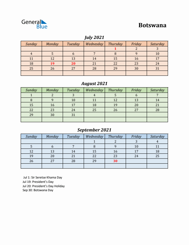 Q3 2021 Holiday Calendar - Botswana