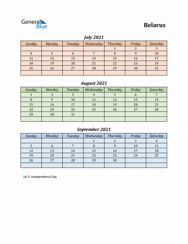 Q3 2021 Holiday Calendar - Belarus