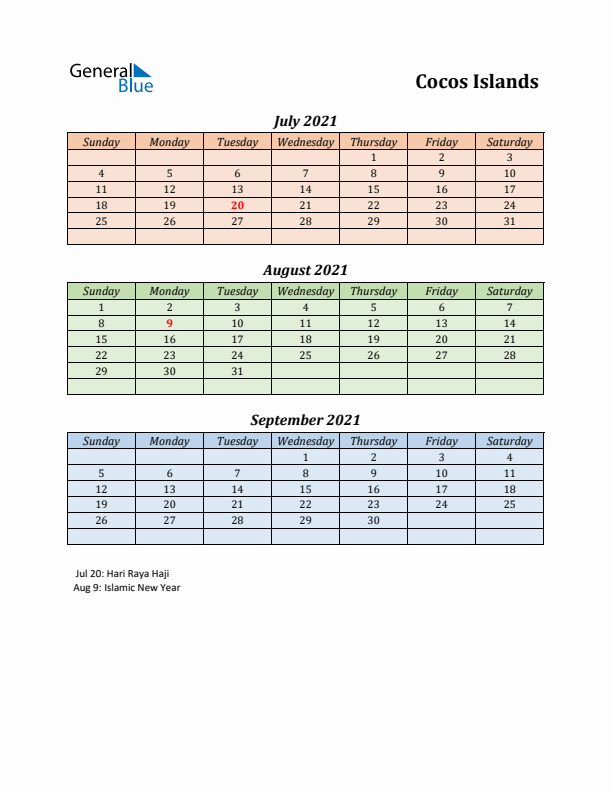 Q3 2021 Holiday Calendar - Cocos Islands