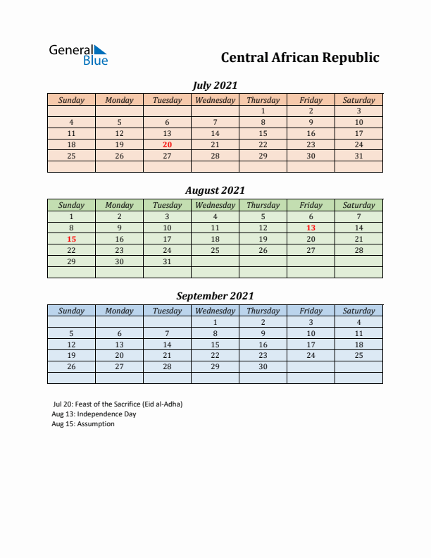 Q3 2021 Holiday Calendar - Central African Republic