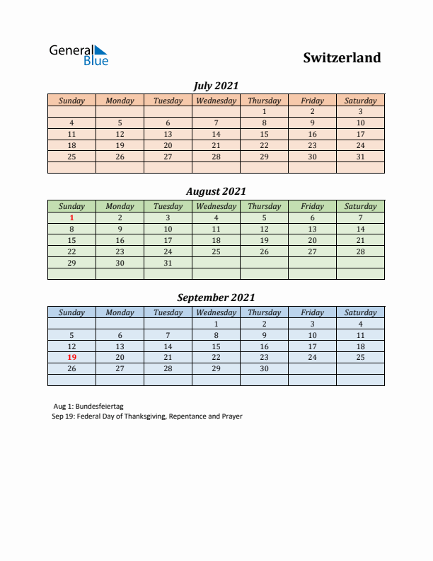 Q3 2021 Holiday Calendar - Switzerland