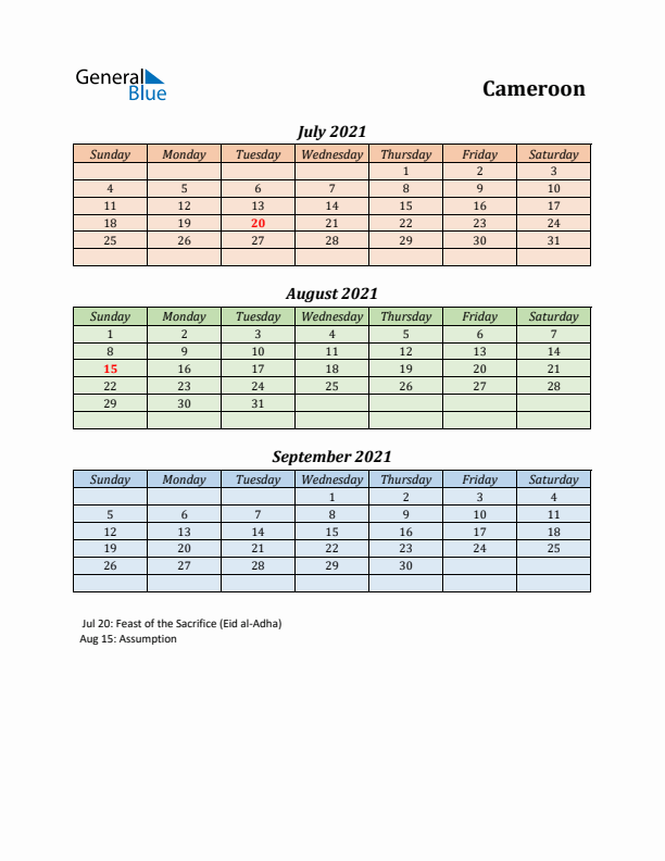 Q3 2021 Holiday Calendar - Cameroon